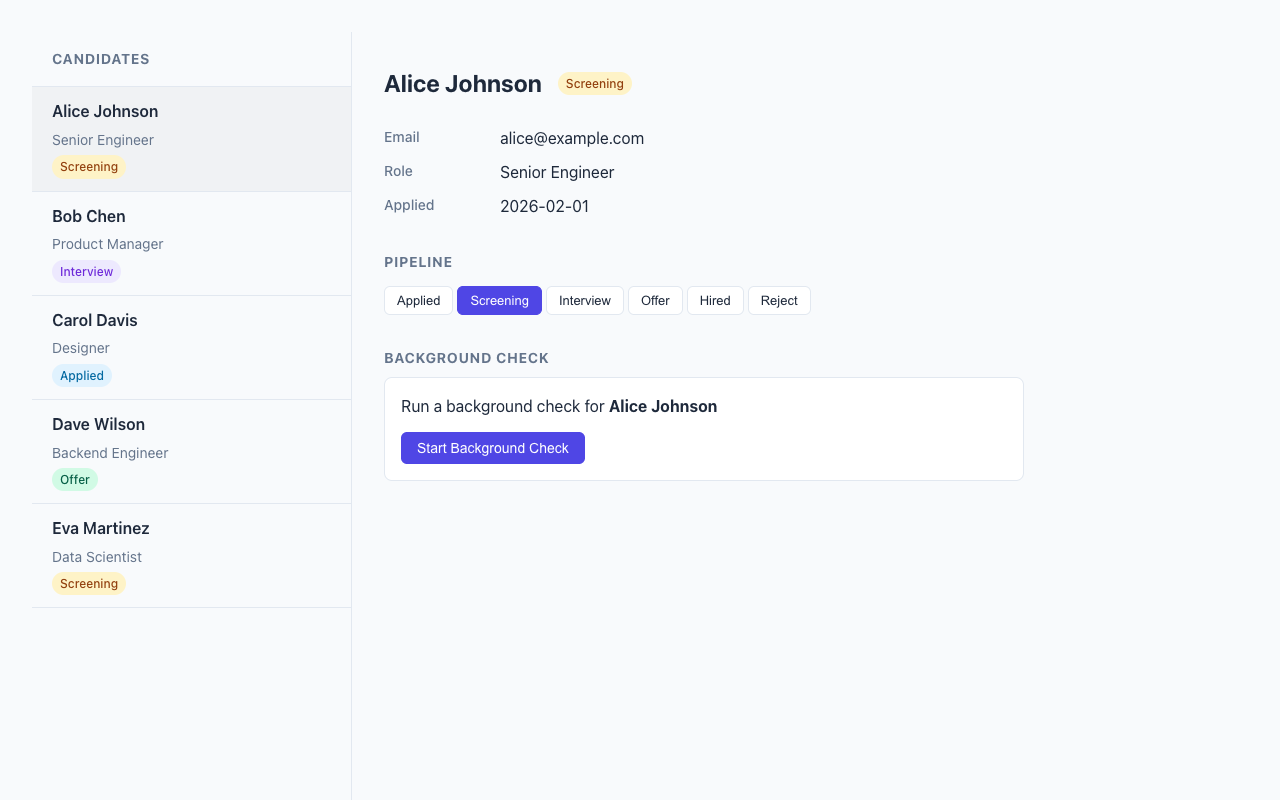 Candidate detail with background check widget